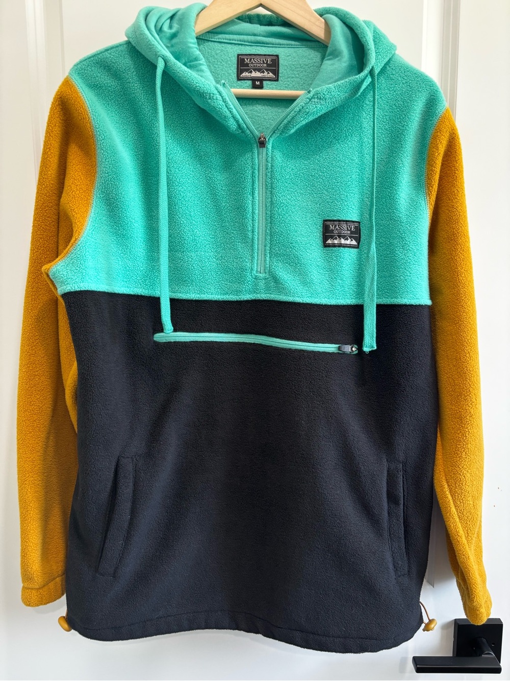Massive Colorblock Half-Zip Fleece Hoodie - Teal, Black & Mustard